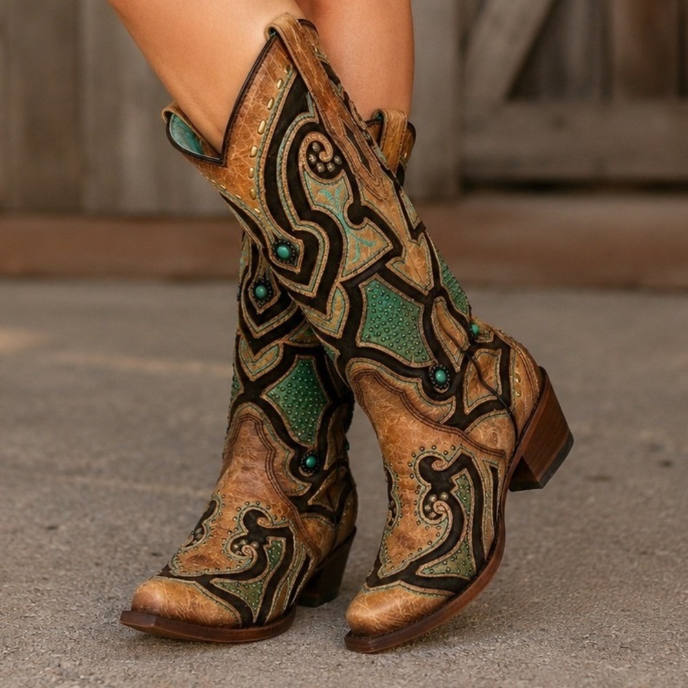 Corral Boots Women's Saddle Brown Teal Leather Inlay Western Snip Toe 6 M - Picture 1 of 16